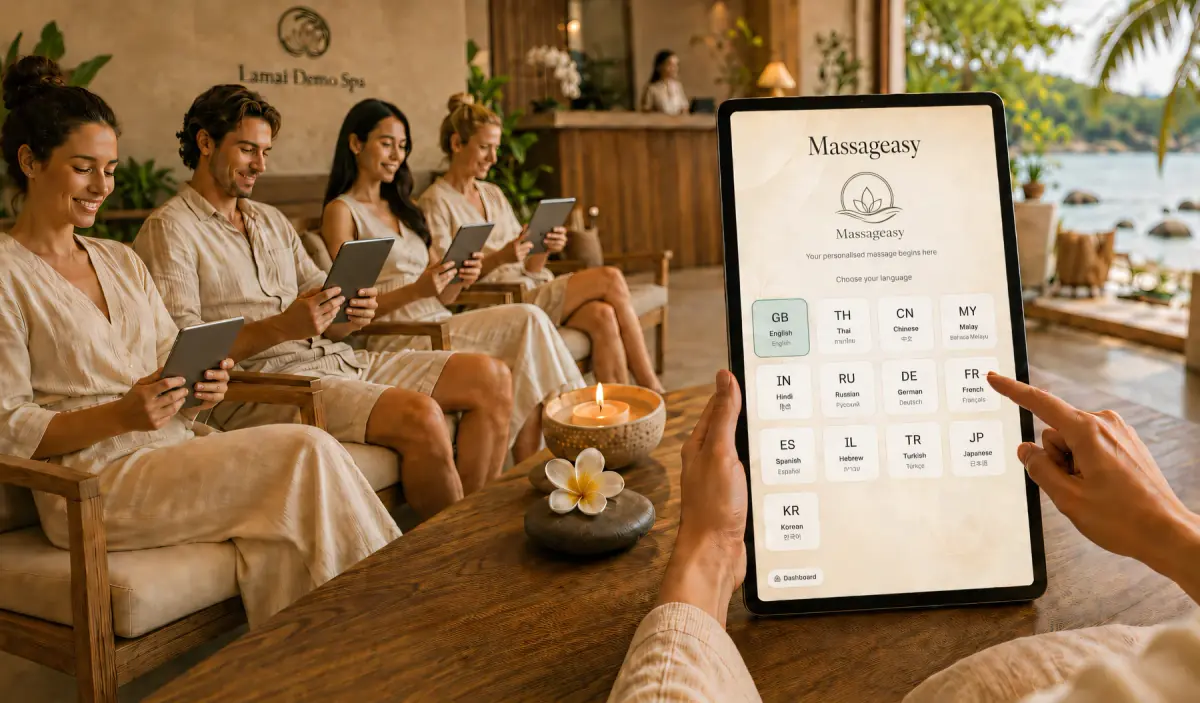 Spa guests in robes choosing their language on Massageasy tablets at a beachside reception